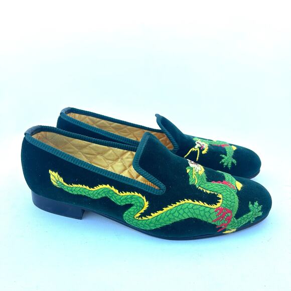 Shipton & Heneage Men’s Velvet Smoking Slippers Loafers Green Dragon Quilt US 9 - Picture 1 of 9